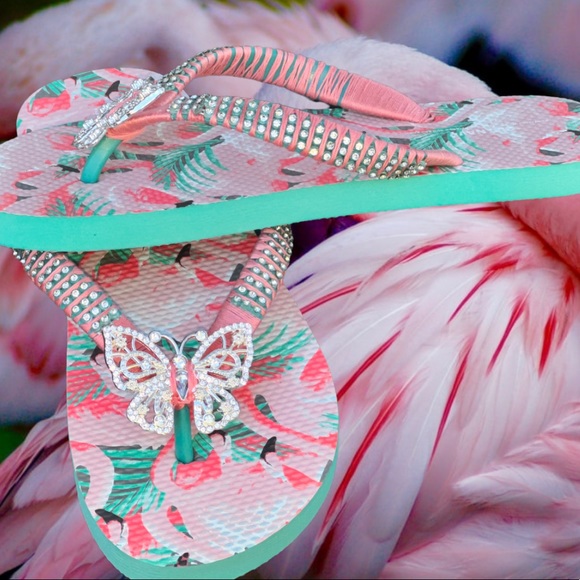 Adult Male Size 6-7, Women Size 7, Peach Flamingo, Crystal Butterfly - Picture 7 of 15